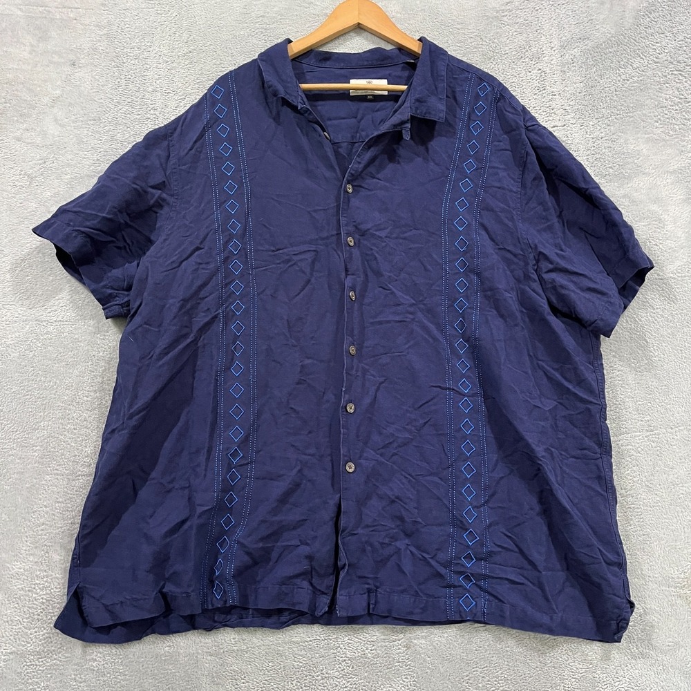 Oak Hill Shirt Mens Big‎ 3XL Blue Geometric Short Sleeve Linen Camp Casual